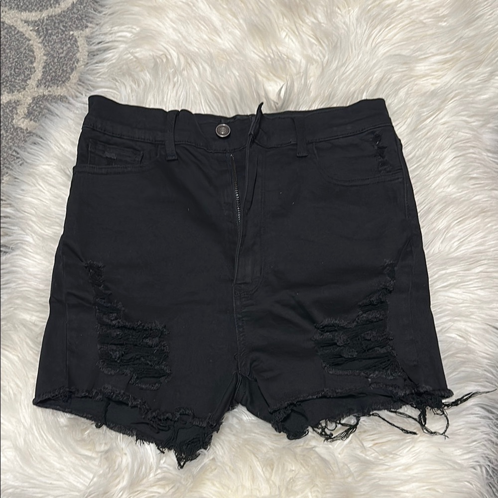 Fashion Nova Black Distressed Jean Shorts High-Waisted Frayed Hem